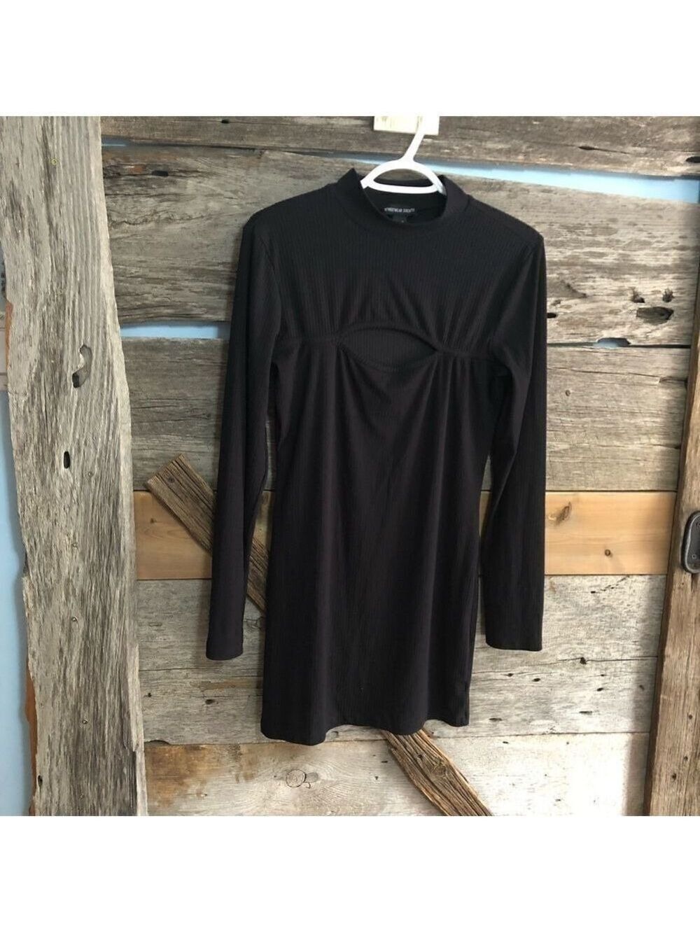 STREETWEAR Society Size Large Black Ribbed Peek-a-Boo, Long Sleeve Dress